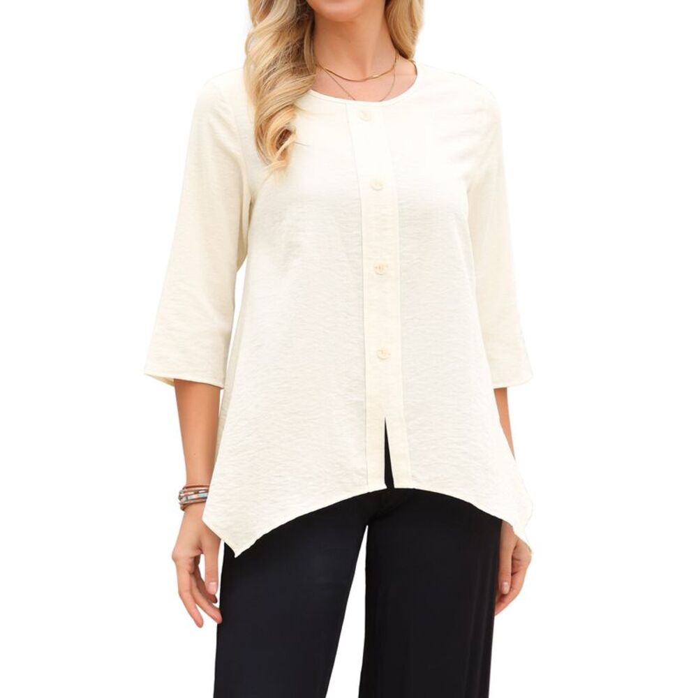 Women Casual Cotton Spring 3/4 Sleeve Crewneck Blouse Beige